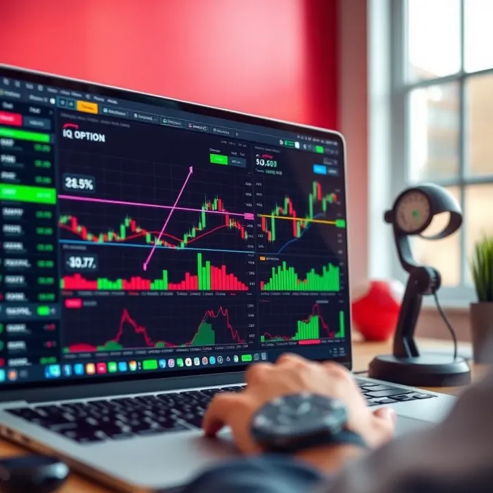 User interface of IQ Option trading platform showing various trading tools and charts