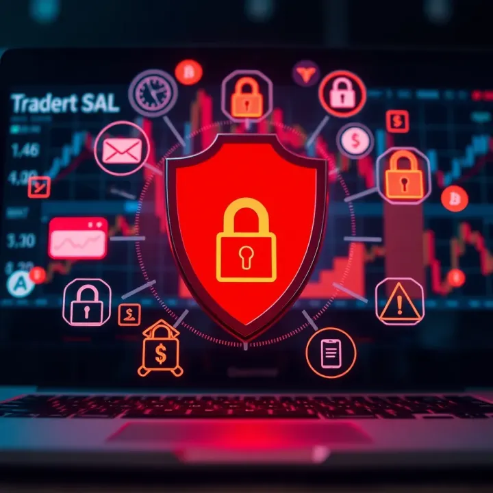 Shield icon protecting a digital wallet surrounded by icons representing secure online transactions and alerts