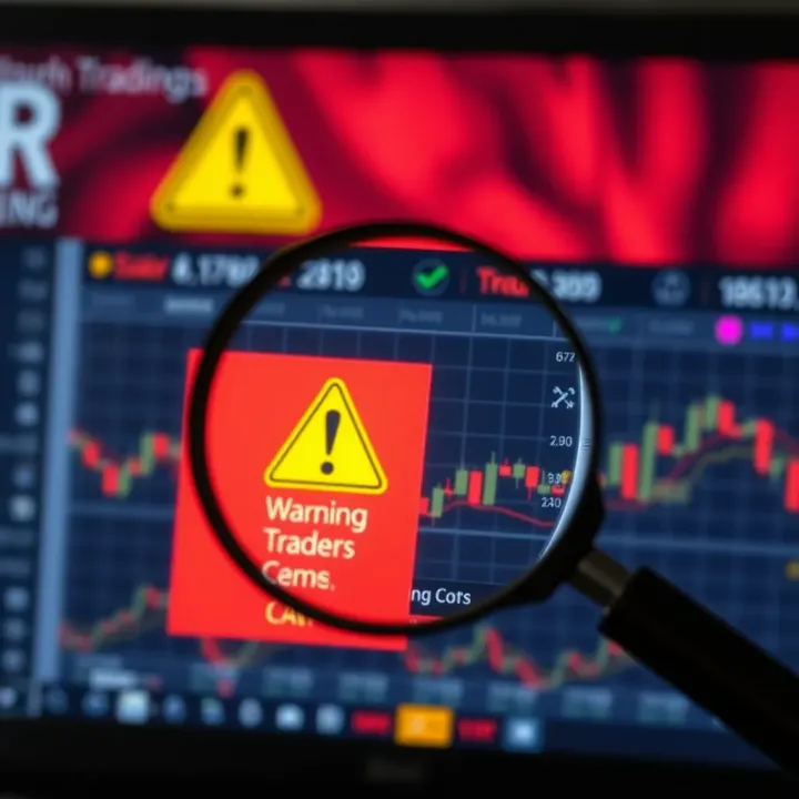 Magnifying glass examining a computer screen displaying a suspicious trading website with warning symbols