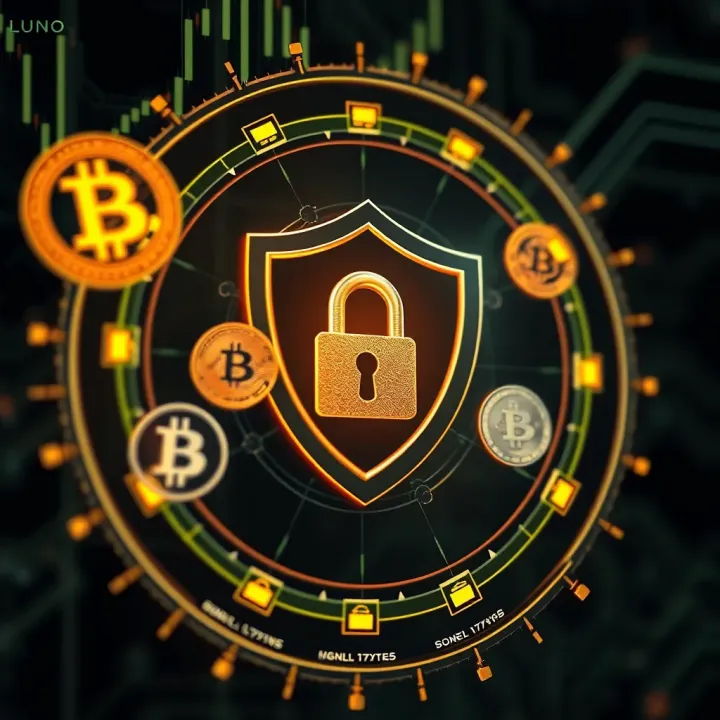 Secure transaction concept featuring shield and lock icons with cryptocurrency symbols