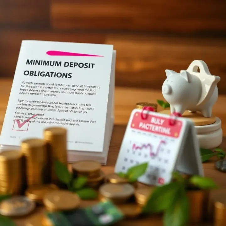Conceptual graphic depicting practical tips for managing minimum deposits with visual elements like a checklist, coins, and calendar