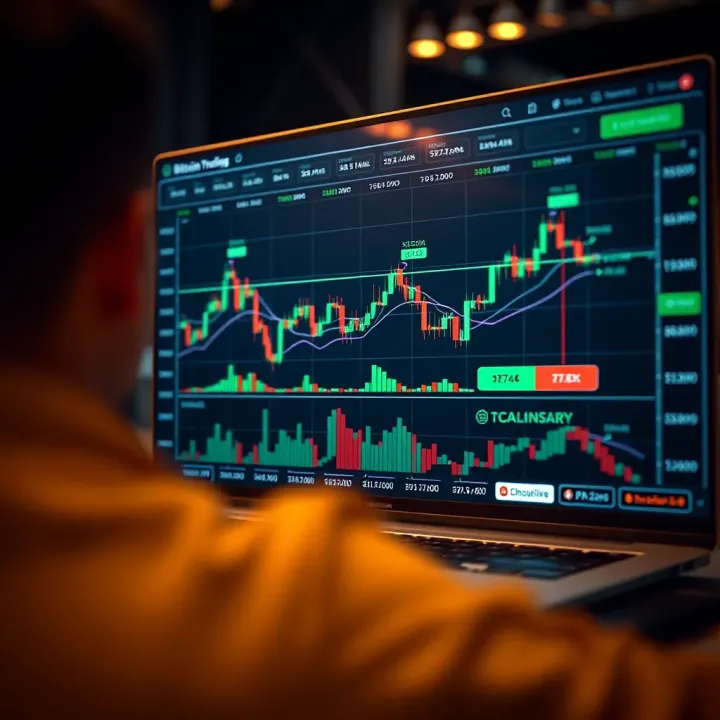 Digital interface displaying bitcoin trading charts and platform features