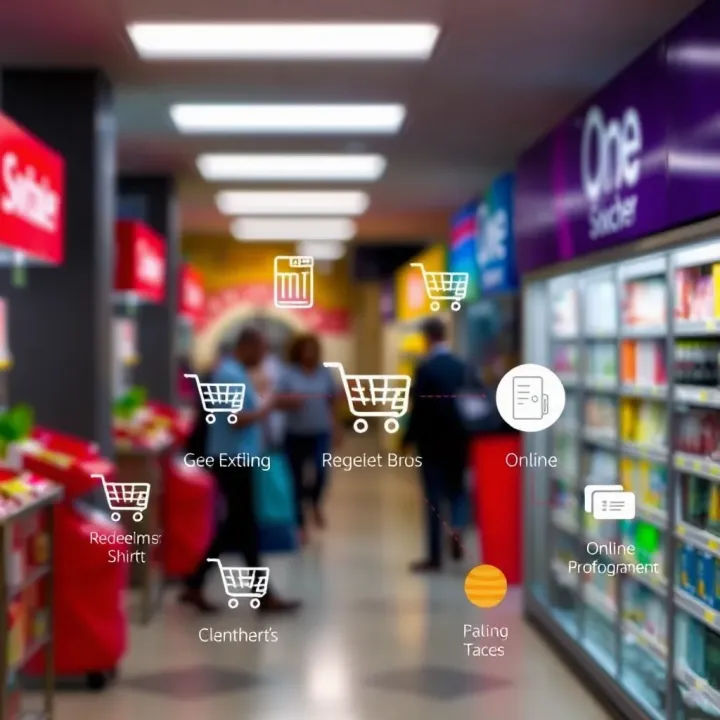 Diagram depicting where vouchers can be redeemed including shops and online platforms with icons of carts and receipts