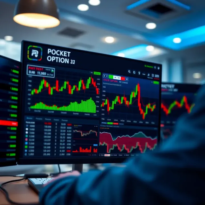 Screenshot of Pocket Option trading platform showing charts, indicators, and various trading options