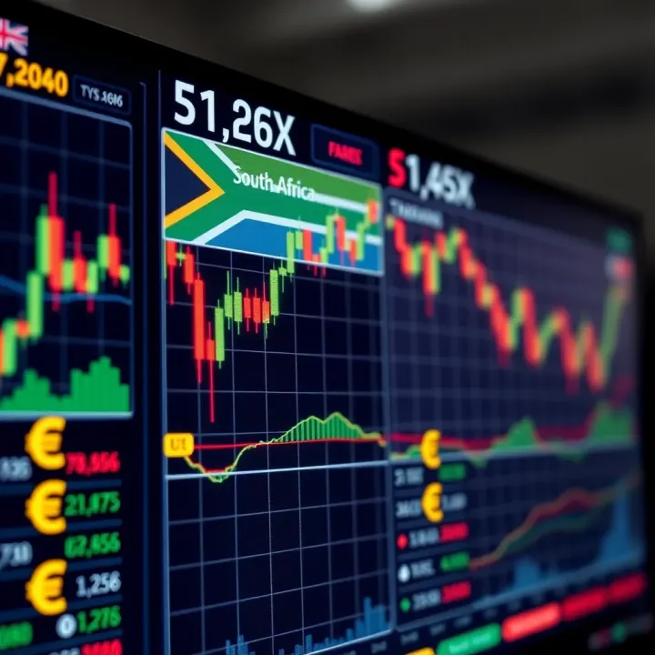 Overview of forex trading charts and South African currency symbols on a digital screen