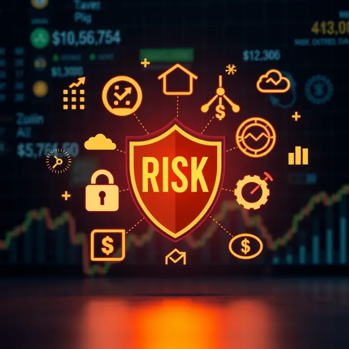 Conceptual illustration of risk management with shield and financial icons representing protection strategies