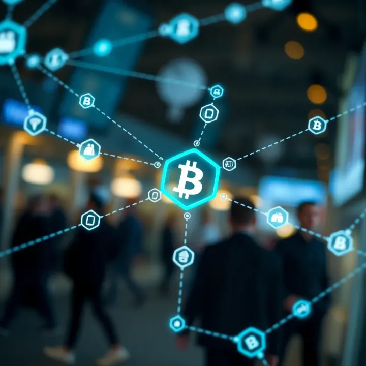 Leadership and Contributions in the Blockchain Ecosystem Illustration of a digital network with interconnected nodes representing blockchain ecosystem leadership and innovation