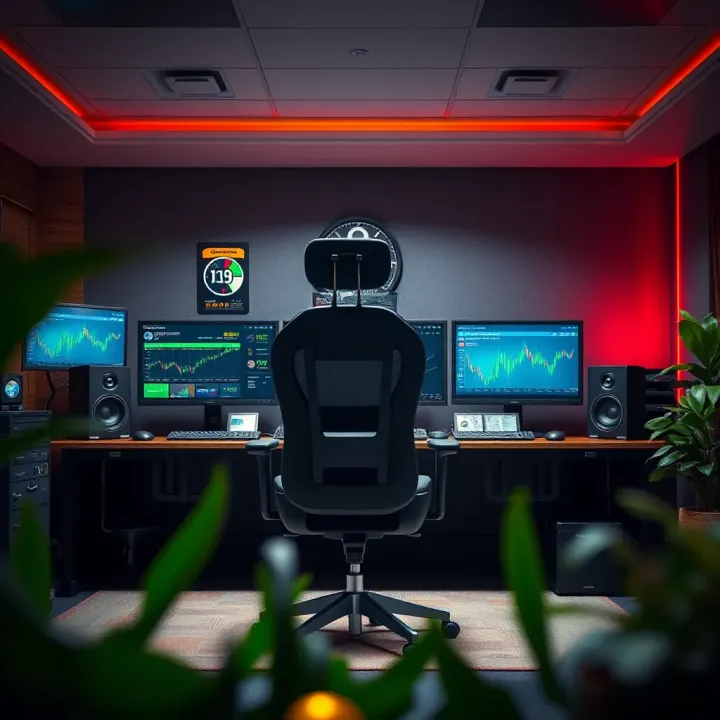 Modern personal trading room featuring multiple monitors, ergonomic chair, and organized desk setup for optimal focus