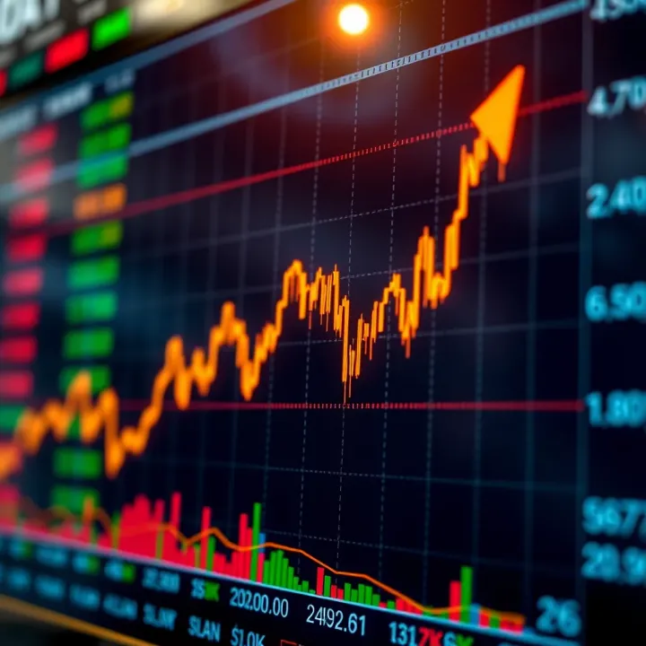 Graph showing fluctuating stock prices with upward trend and digital data overlay