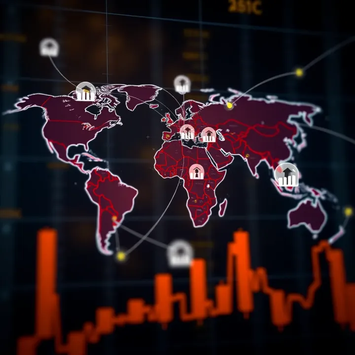 Map highlighting South Africa with icons representing stock indices and global financial connections