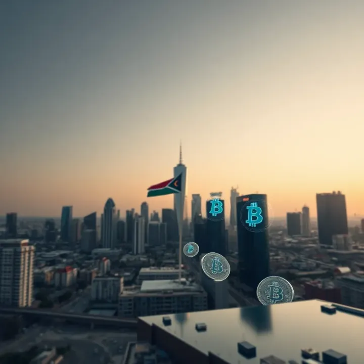 City skyline with digital currency symbols representing the rise of Bitcoin wealth in South Africa