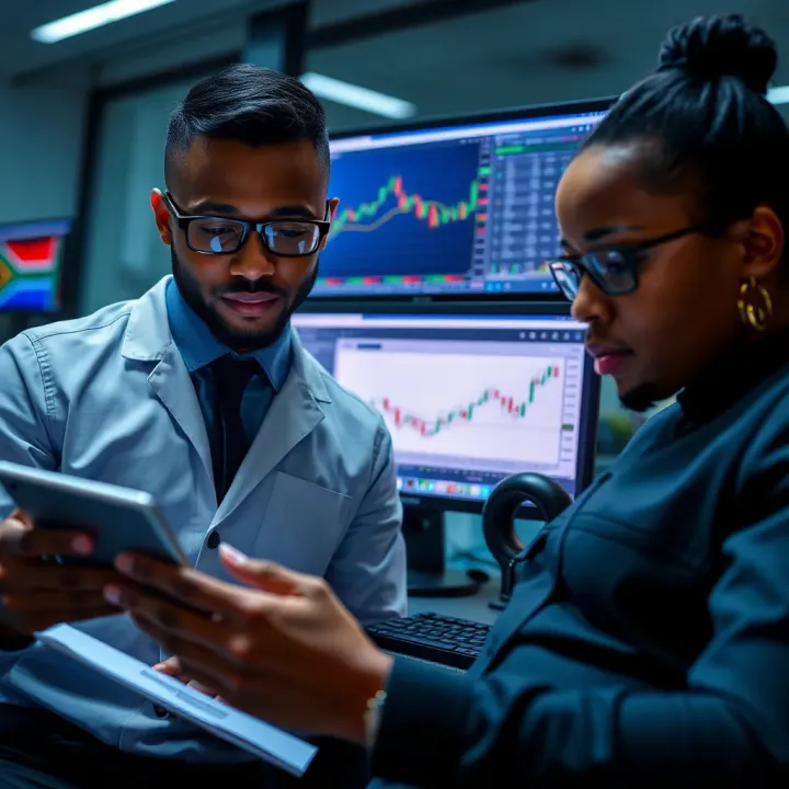 Conceptual representation of South African traders analyzing trading strategies on a digital device using FBK Markets demo account