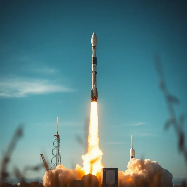 Falcon rocket launching into a clear sky symbolizing private space exploration advancements