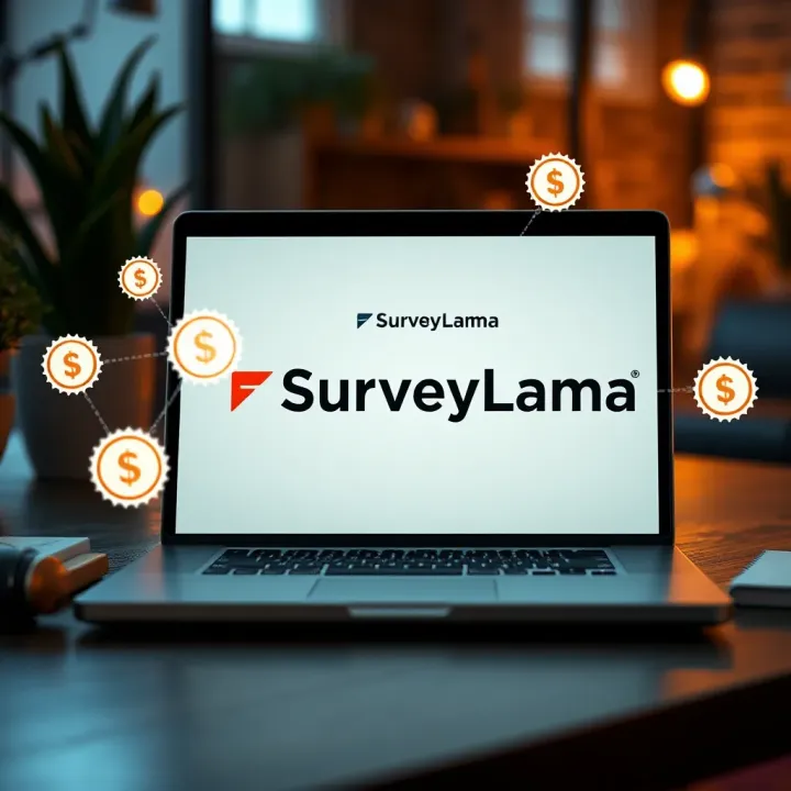 Illustration showing a laptop with survey forms and digital rewards icons around it representing online earning opportunities
