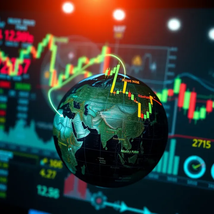 Conceptual visualization of synthetic indices with digital data and market graphs overlaid on a globe