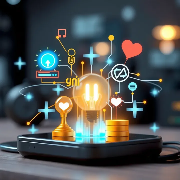 Integration of Technology and Philanthropy Conceptual illustration of technology and philanthropy with icons symbolizing innovation and charitable giving