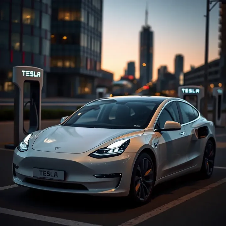 Tesla electric vehicle charging at a sleek urban station with city skyline at dusk