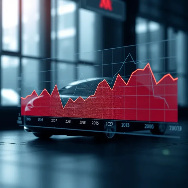 Chart showing Tesla share price fluctuations over recent years with upward and downward trends
