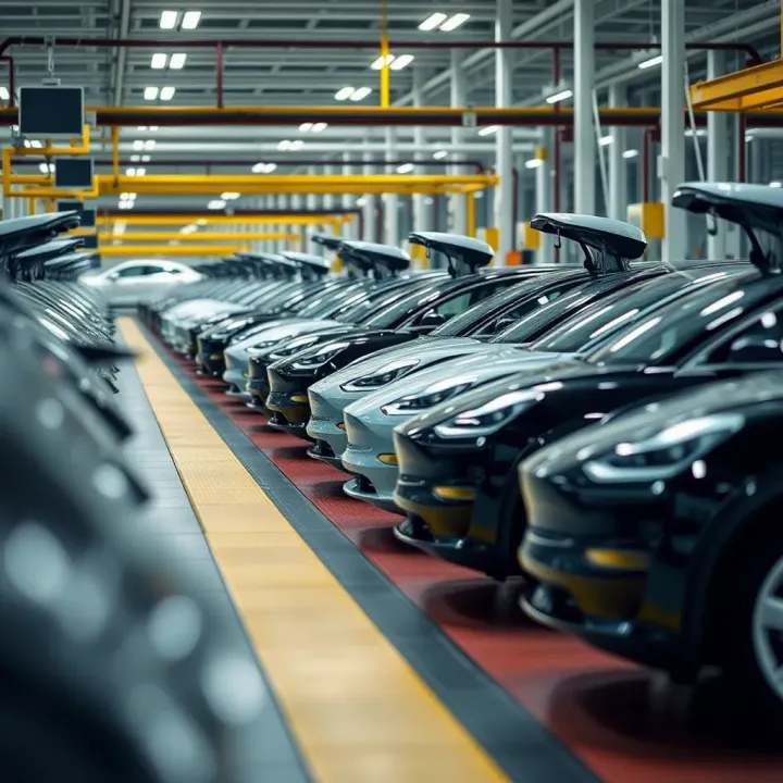 Tesla electric vehicles lined up at a production facility showcasing manufacturing progress