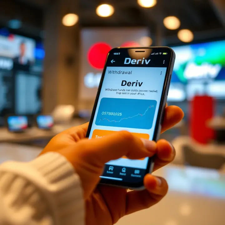 Secure mobile phone displaying Deriv trading platform withdrawal screen