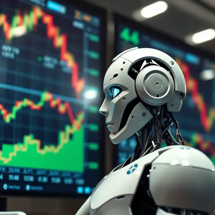 Conceptual illustration of algorithmic forex robot managing currency trades on digital interface