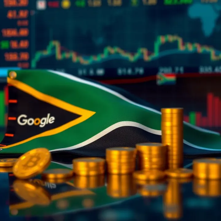 South African flag with financial symbols and digital stock market elements