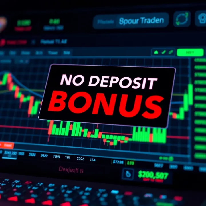 No Deposit Bonus Promotion on Forex Trading Platform Conceptual illustration of a digital forex platform displaying no deposit bonus offer to attract traders