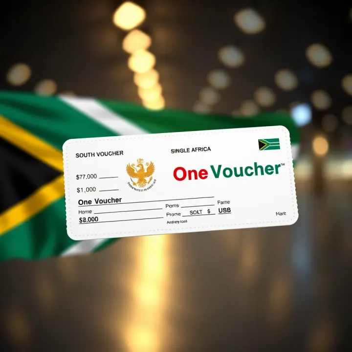 Illustration showing a single voucher with a South African flag in the background representing its use