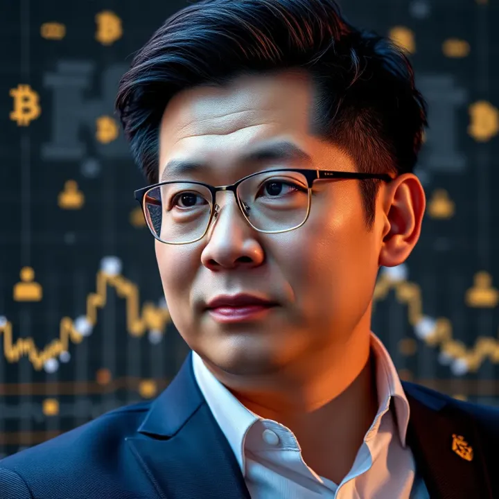 Portrait of Samson Mow with blockchain graphics in the background symbolizing his influence in the cryptocurrency sector