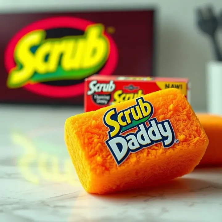 Scrub Daddy Brand and Product Overview Scrub Daddy cleaning sponge displayed with company logo and packaging