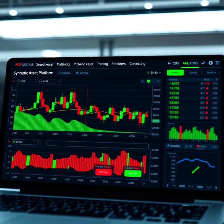 Diagram depicting a trading platform interface with charts and data highlighting synthetic asset trading activities