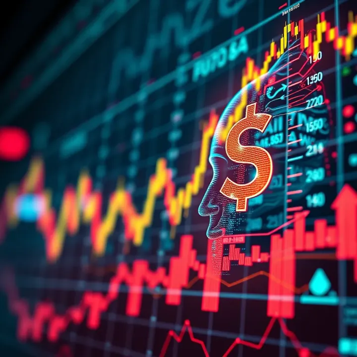 Conceptual illustration of AI technology with forex currency symbols and algorithmic data visualization