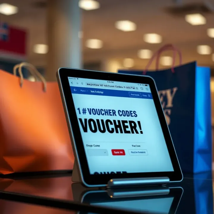Discount voucher codes displayed on a digital device with shopping bags in the background