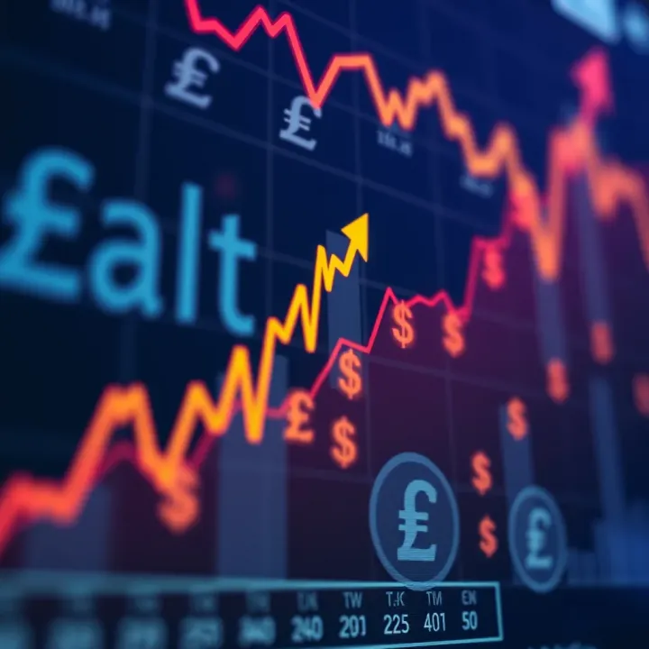 Graph showing upward financial market trends with currency symbols overlay